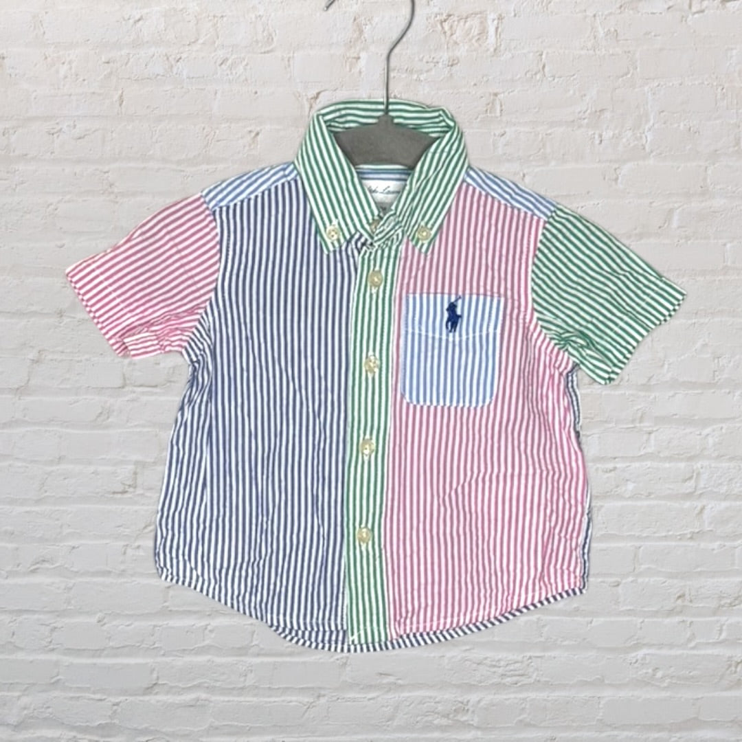 Ralph Lauren multicolor striped button-up shirt with short sleeves and a pocket, featuring red, green, and blue stripes.