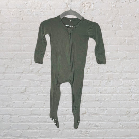 Olive green footed baby onesie with long sleeves from Posh Peanut, hanging on a grey hanger.