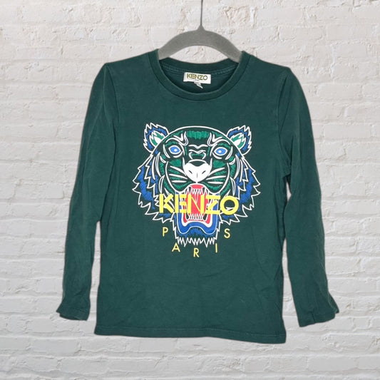 Dark green Kenzo long sleeve shirt featuring a colorful tiger graphic with 'KENZO PARIS' text.