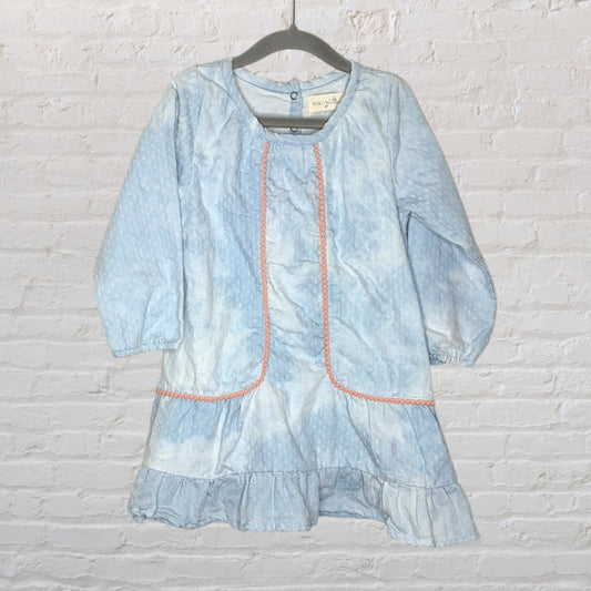 Light blue long sleeve dress for kids with ruffle hem and pink trim, hanging on a gray hanger.