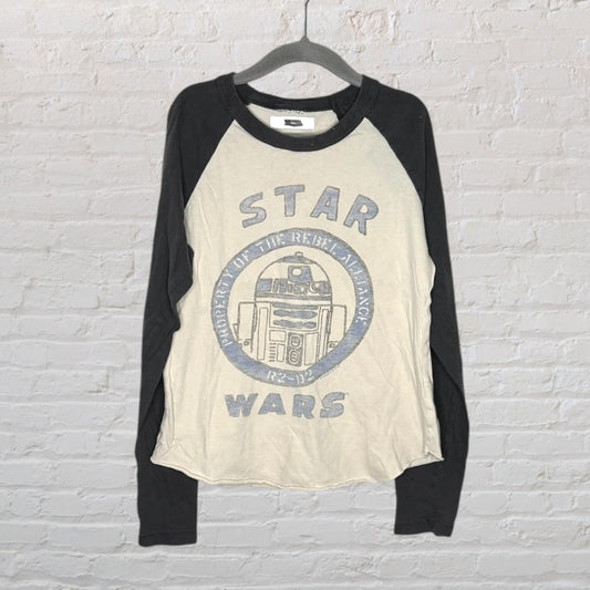 Cream and black Star Wars R2-D2 raglan tee with graphic print and long sleeves.