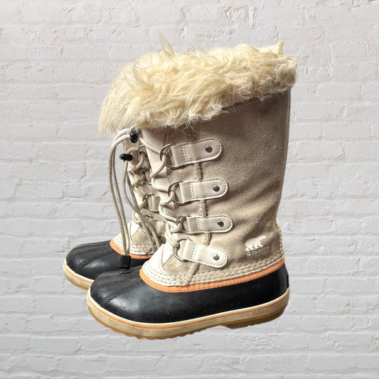 Beige and black winter boots with faux fur lining and lace-up front, featuring a sturdy sole.