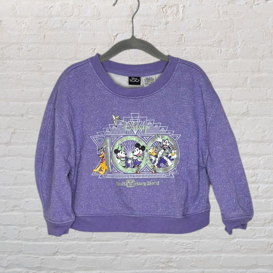 Purple Disney World 100th Anniversary sweatshirt with iconic Disney characters in a graphic design.