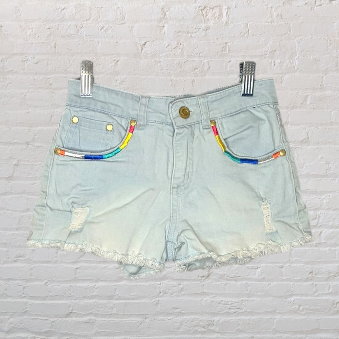 Light blue denim shorts with colorful embroidery on the pockets and frayed hem, displayed against a white background.