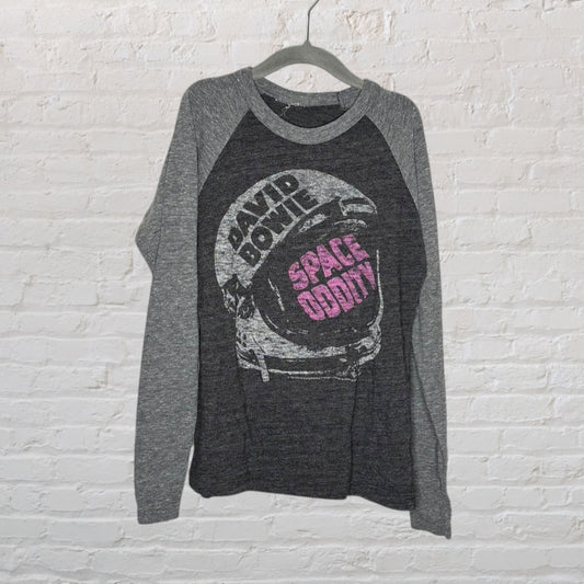 Charcoal and grey raglan sweater featuring a David Bowie Space Oddity graphic on the front.