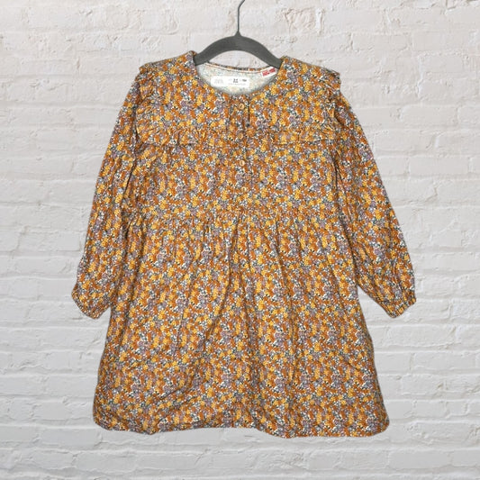 Zara floral print dress with orange, blue, and white pattern, long sleeves, ruffle detail, hanging on a hanger.