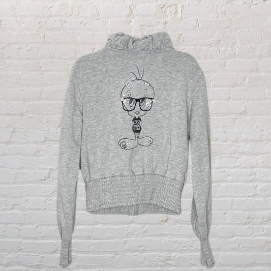 Grey cropped hoodie featuring a graphic of Tweety Bird wearing glasses and a 'I Love Rock Star' shirt.