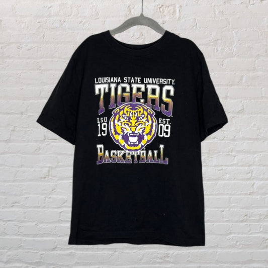 Black LSU Tigers basketball T-shirt with a large graphic print on the front, featuring the team's logo and establishment year.