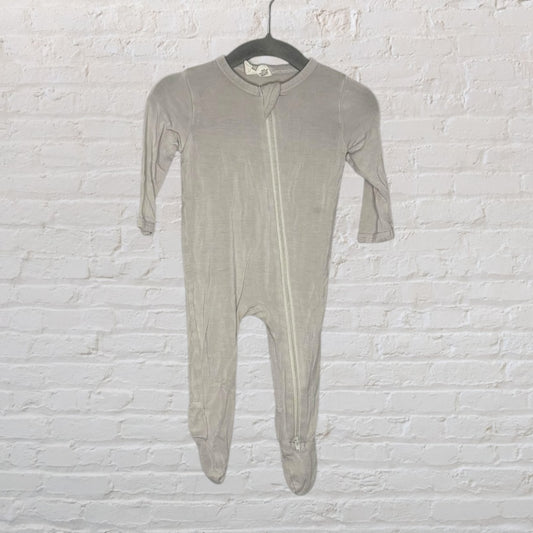 Light grey baby onesie with a zip-up front and footed design, hanging on a black hanger.