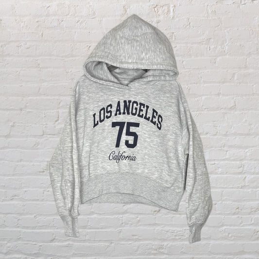 Gray hooded sweatshirt with 'Los Angeles 75 California' printed in navy blue on the front.