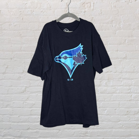 Black T-shirt featuring a large Toronto Blue Jays logo in blue on the front, hanging on a hanger.