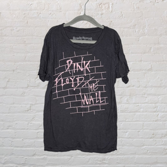 Charcoal grey T-shirt with Pink Floyd 'The Wall' graphic in pink by Rowdy Sprout, hanging on a hanger.