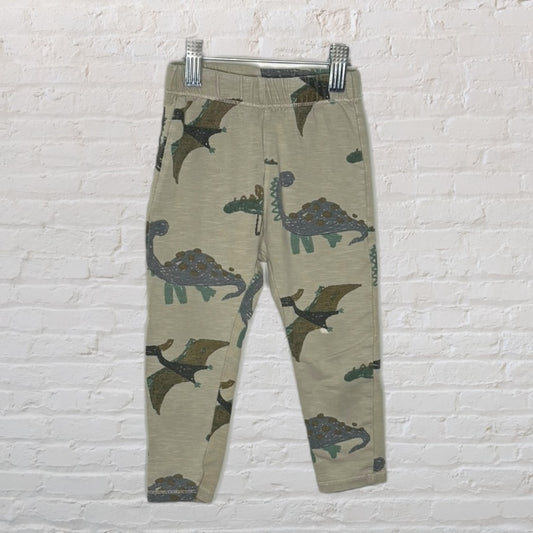 Beige leggings with dinosaur print pattern, hanging against a brick wall.