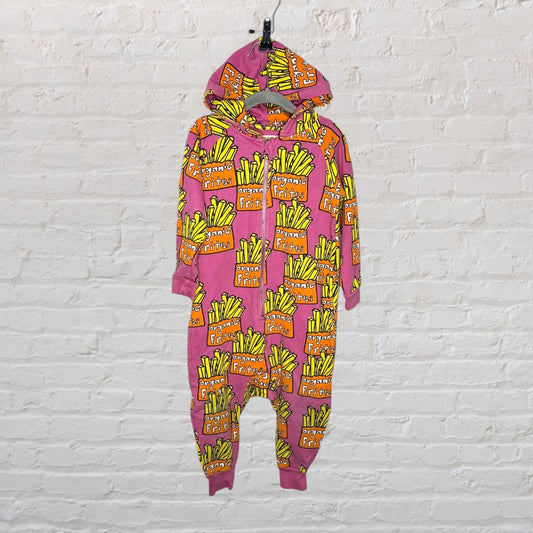 Colorful hooded onesie with organic fries print, featuring vibrant pink, yellow, and orange colors.
