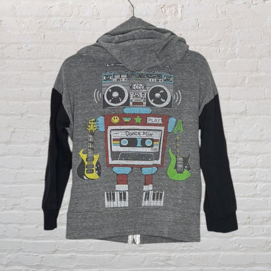 Grey hoodie with a vibrant robot boombox and guitar graphic, featuring black sleeves.