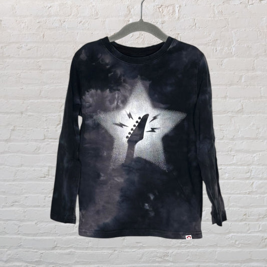 Black tie-dye long sleeve T-shirt featuring a silver star and guitar neck graphic design.