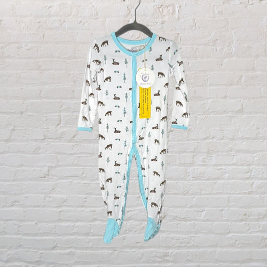 Baby onesie with forest animals print in brown and blue, featuring footed design and snap buttons, displayed on a hanger.