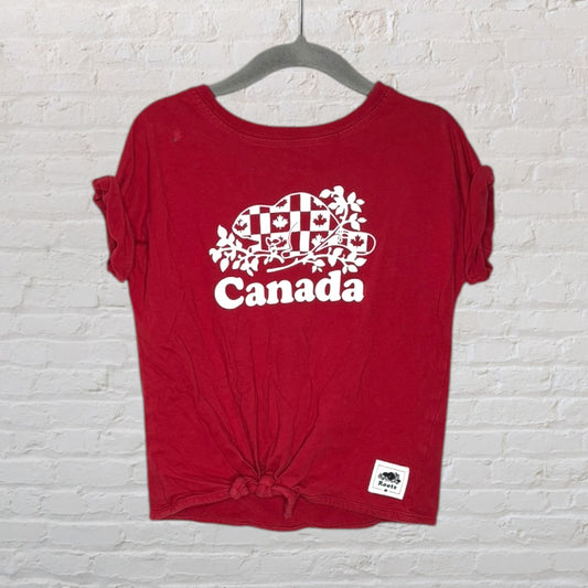 Red T-shirt with a white Canada graphic featuring maple leaves, tied at the front, by Roots.