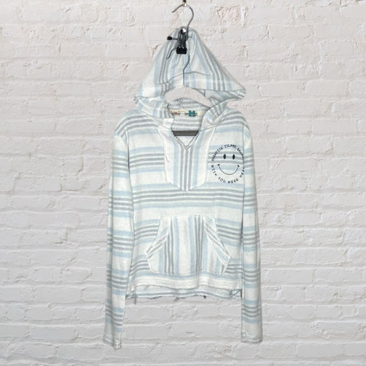 Light gray and white striped hooded pullover sweater with kangaroo pocket and smiley face graphic.