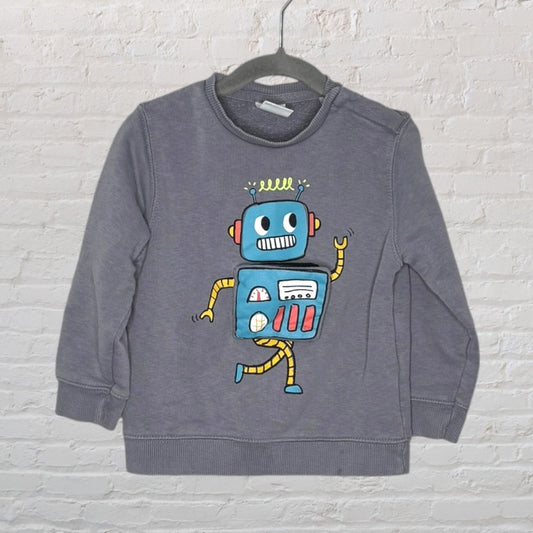 Grey sweatshirt featuring a colorful robot graphic on the front, hanging on a dark hanger.