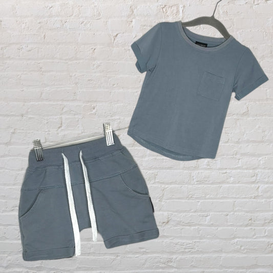 Blue-gray kids' casual outfit with a short-sleeve tee and matching shorts.