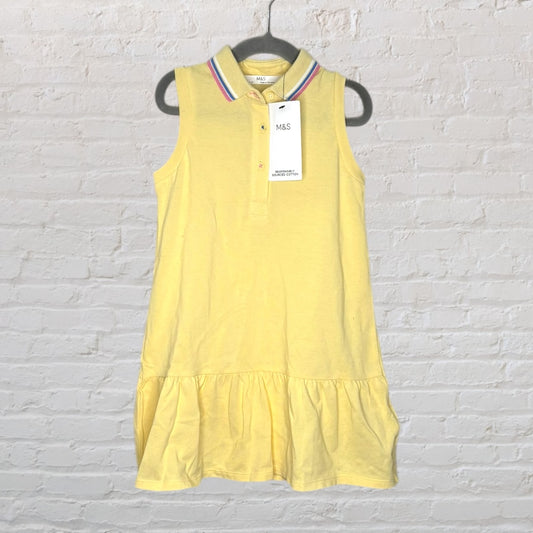 Yellow sleeveless polo dress with ruffled hem and rainbow trim collar, brand new with tag from M&S.