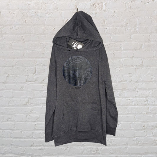 Dark grey hoodie featuring a Toronto Blue Jays logo on the front, displayed against a brick wall.
