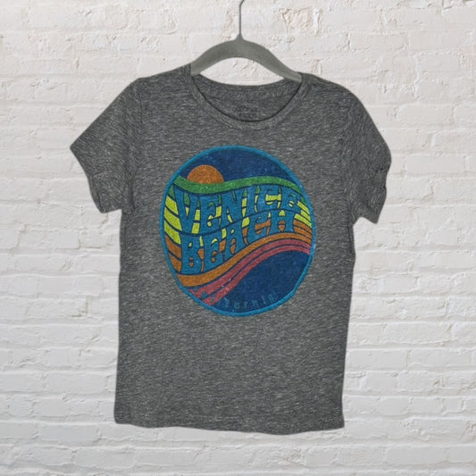 Heather gray T-shirt with a colorful Venice Beach graphic featuring a sun and waves design.