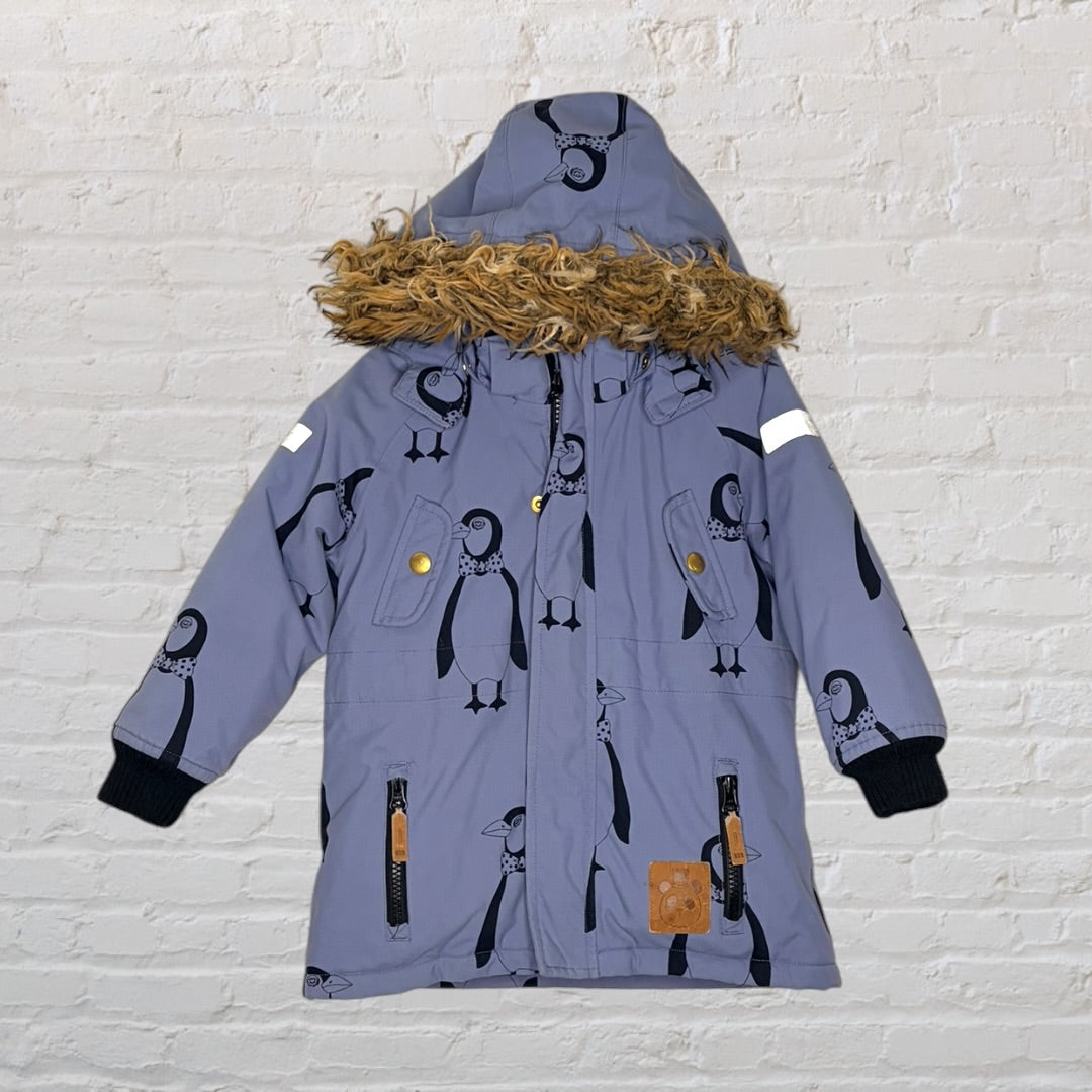 Grey parka with penguin print, featuring a faux fur trimmed hood and reflective patch on the sleeve.
