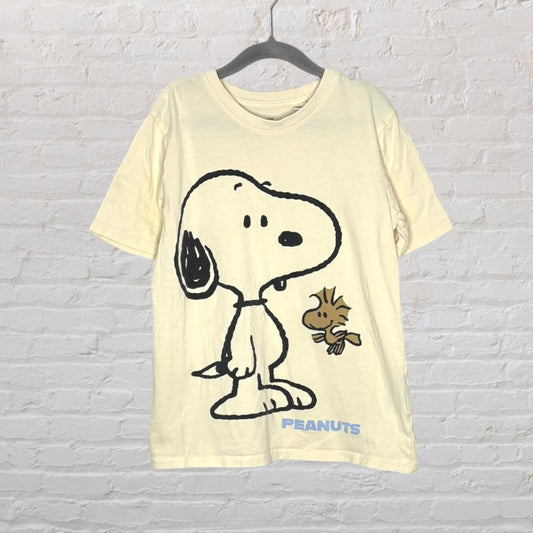 Cream Peanuts T-shirt featuring Snoopy and Woodstock graphic, hanging on a black hanger against a brick wall.