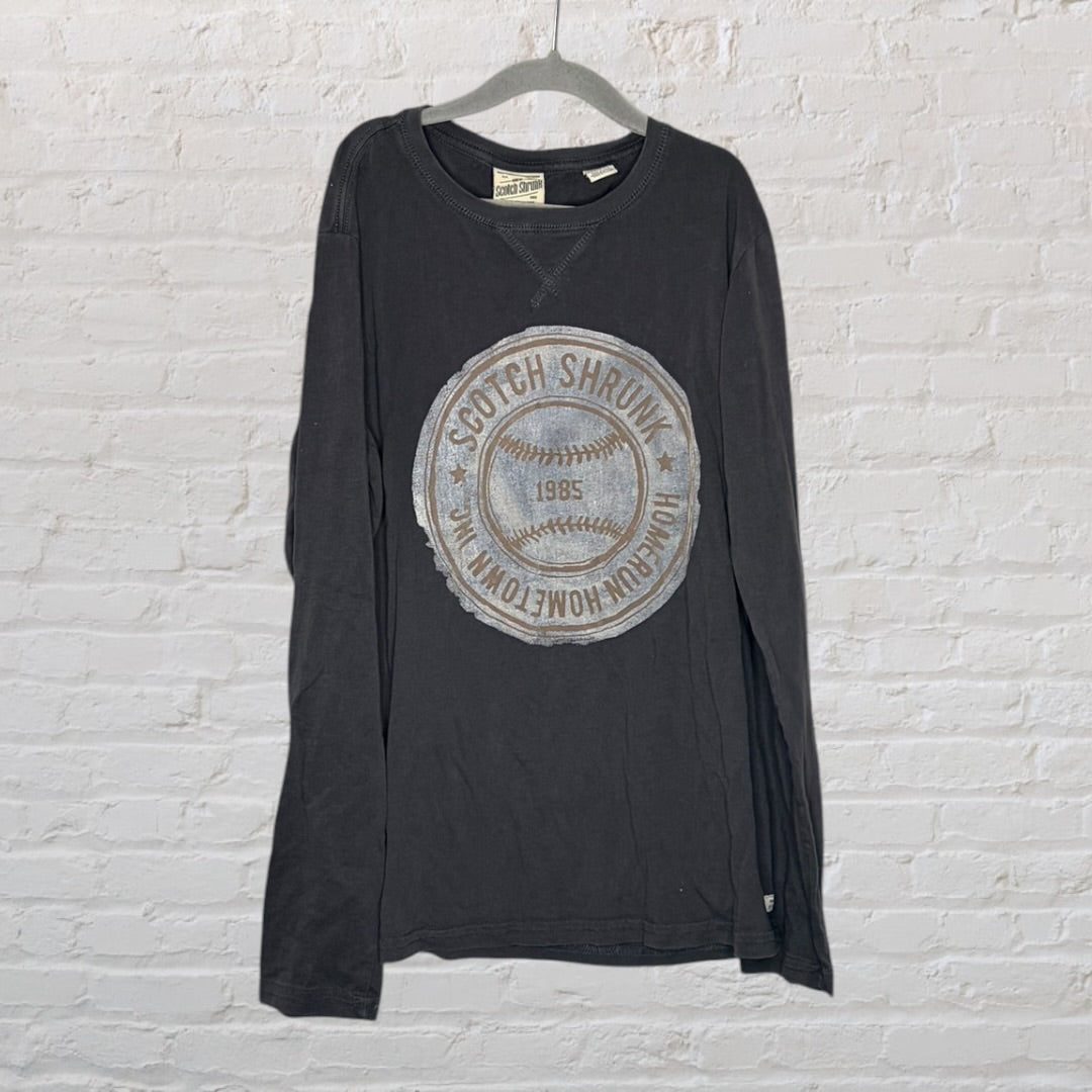 Charcoal long sleeve tee by Scotch Shrunk featuring a vintage-style graphic on the front, hung on a hanger.