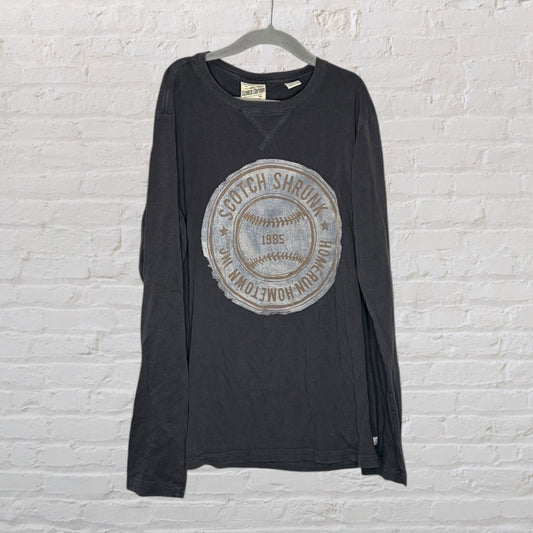 Charcoal long sleeve tee by Scotch Shrunk featuring a vintage-style graphic on the front, hung on a hanger.
