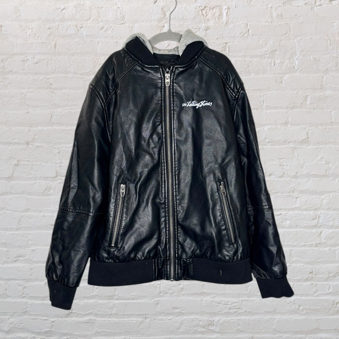 Black leather jacket with a grey hood featuring a Rolling Stones logo and 'Established 1962' text on the back.