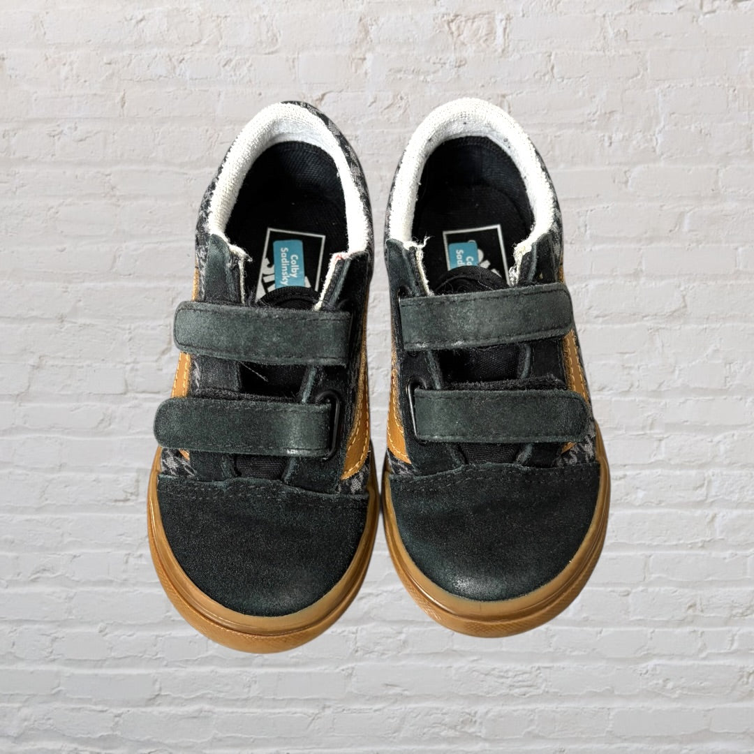 Checkered sneakers with velcro straps, featuring black and brown accents and a gum sole.