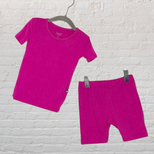 Bright pink two-piece pajama set, including a short-sleeve top and shorts, suitable for kids.