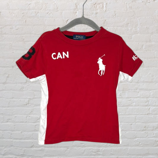 Red Polo Ralph Lauren T-Shirt with white side panels, featuring a large Polo logo and 'CAN' text.