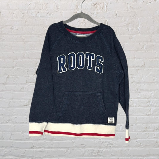 Navy blue Roots sweatshirt with white and red stripes at the hem and cuffs, featuring a kangaroo pocket.