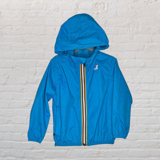 Blue K-Way hooded jacket with front zipper and logo on chest, designed for lightweight wear.