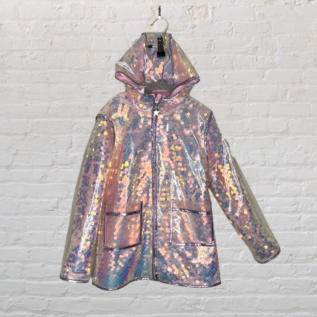 Holographic raincoat with sequins and hood, featuring front pockets, hanging on a hanger.