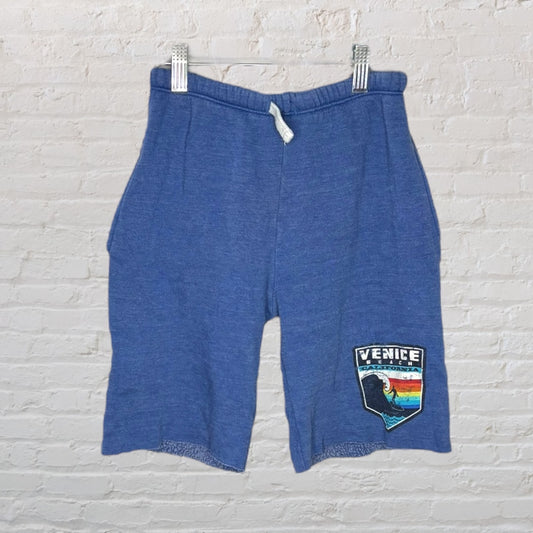 Blue shorts with a colorful Venice Beach patch on the leg, displayed on a hanger against a white brick background.