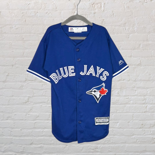 Royal blue Blue Jays sports jersey with team logo and white details, made by Majestic.