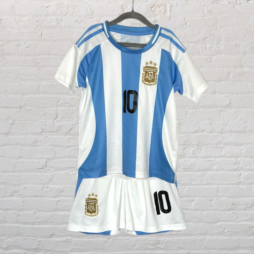 Argentina national team soccer kit with blue and white stripes, featuring number 10 and AFA crest.