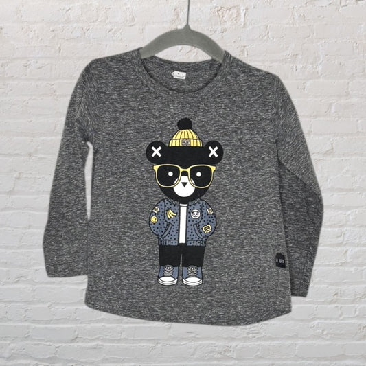 Grey long sleeve T-shirt with a graphic of a cartoon bear wearing sunglasses and a yellow beanie.