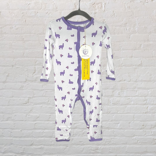White baby onepiece with purple llama print, finished with tags and a purple trim.