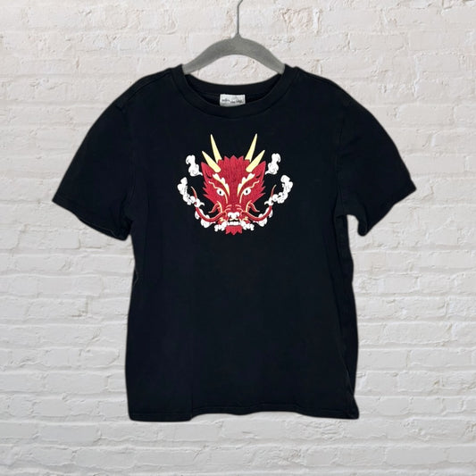 Black T-shirt with a bold red and yellow dragon graphic on the front, white outlining details.