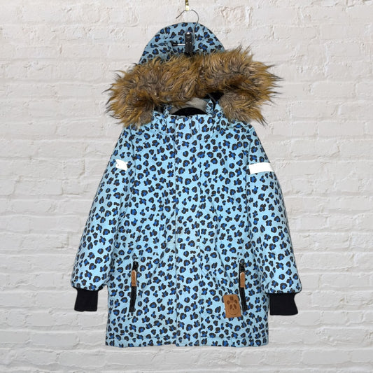 Blue and black leopard print parka with faux fur-lined hood and reflective strips.