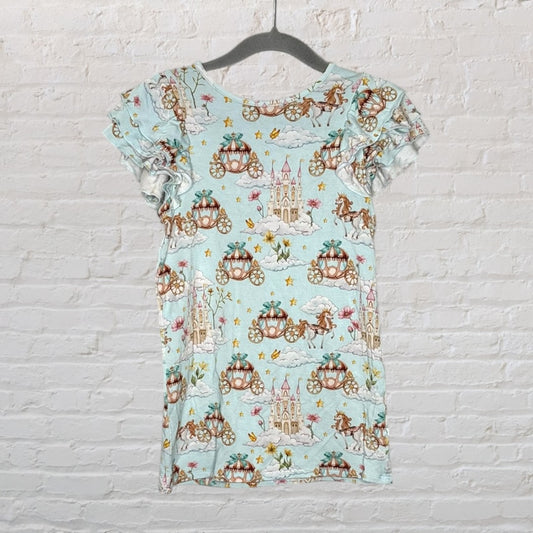 Pastel blue dress with a fantasy-themed print featuring carriages, castles, and horses, with ruffled sleeves.