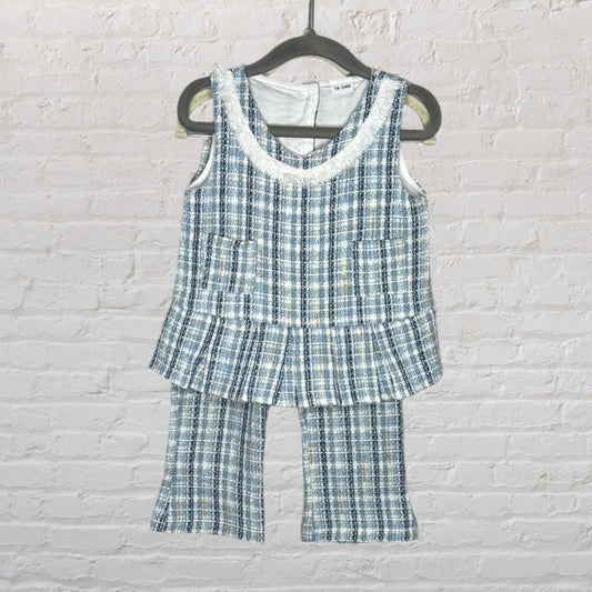 Blue and beige plaid two-piece outfit for toddlers with a sleeveless pleated top and matching pants.