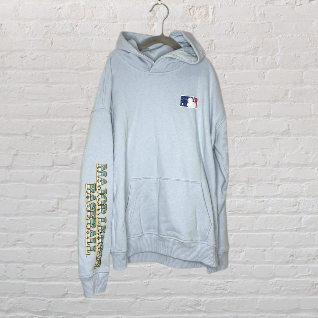 Light blue Major League Baseball hoodie with logos of American and National League teams and baseball graphic.