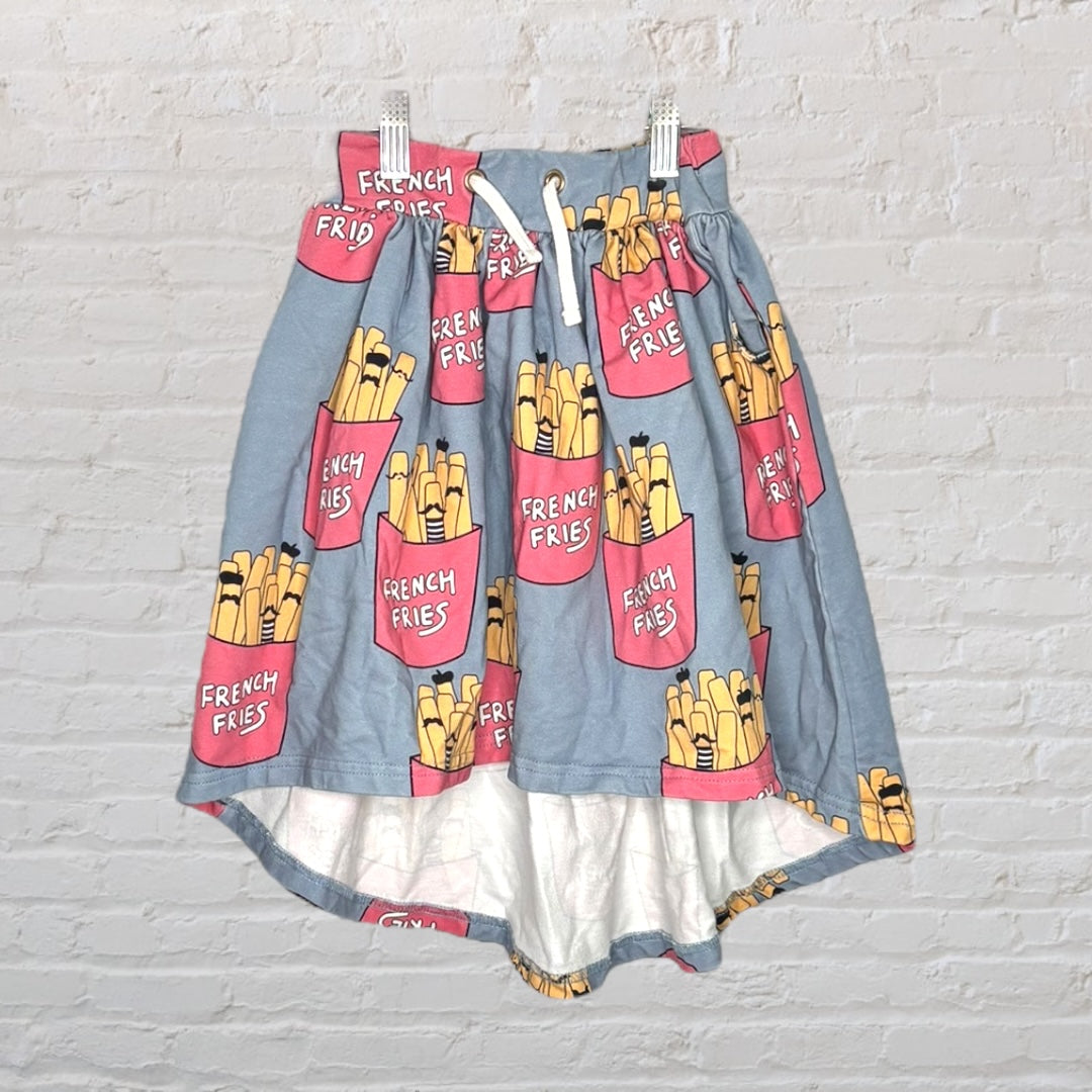 Blue skirt with red French fries print and white drawstring.